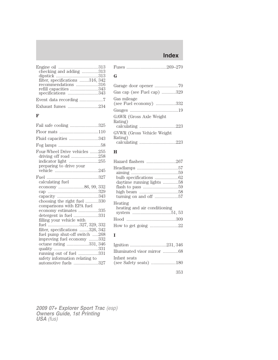 Index | FORD 2009 Explorer Sport Trac v.1 User Manual | Page 353 / 356