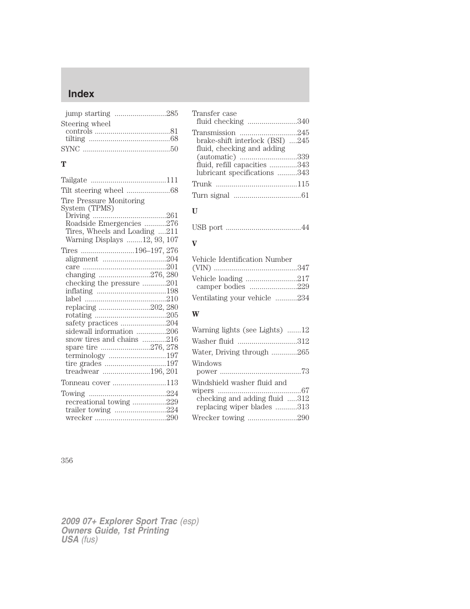 Index | FORD 2009 Explorer Sport Trac v.1 User Manual | Page 356 / 356