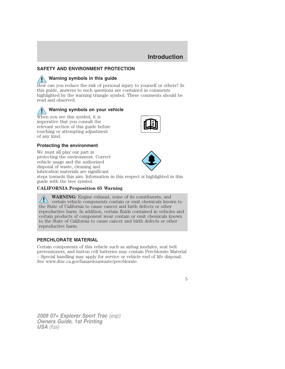 Safety and environment protection, Warning symbols in this guide, Warning symbols on your vehicle | Protecting the environment, Perchlorate material, Introduction | FORD 2009 Explorer Sport Trac v.1 User Manual | Page 5 / 356