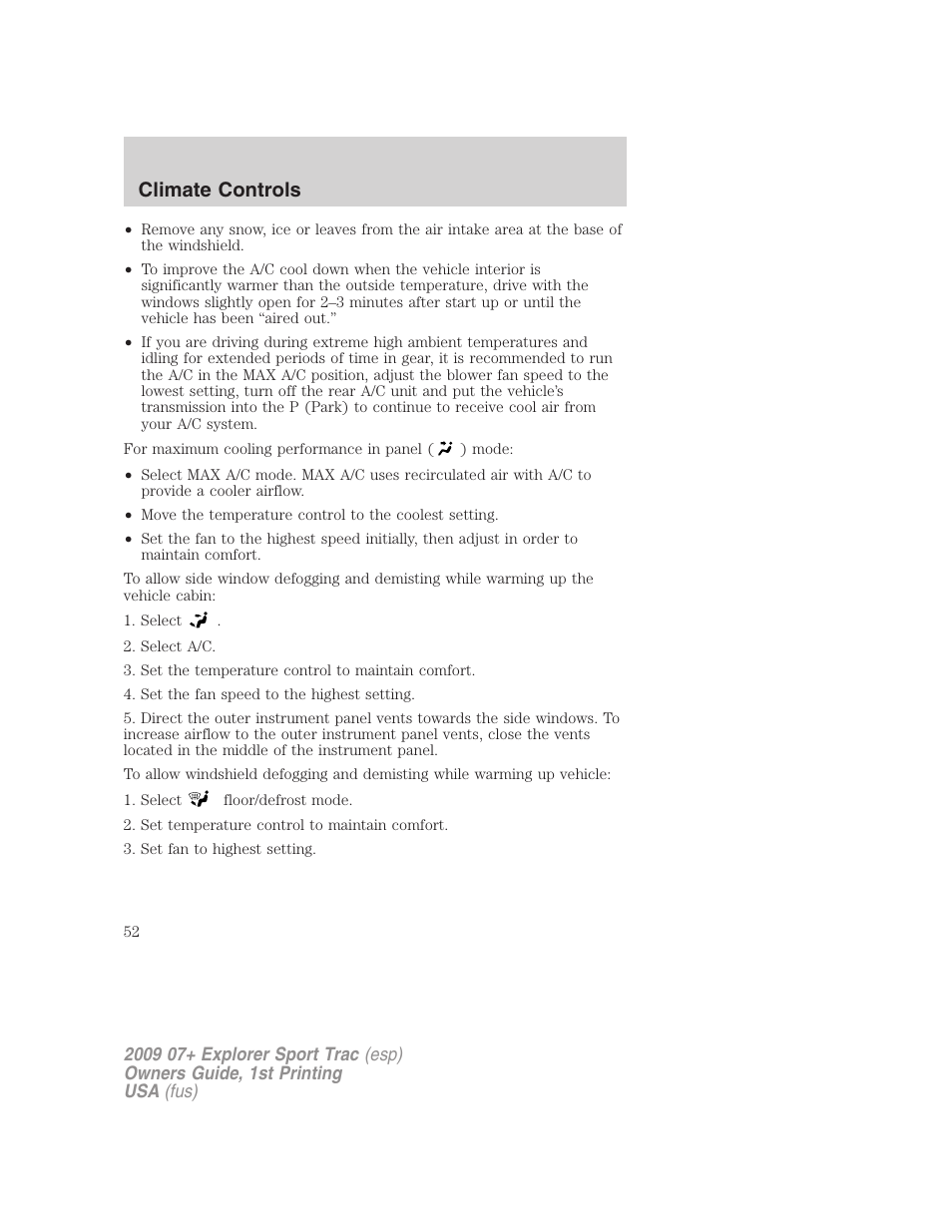 Climate controls | FORD 2009 Explorer Sport Trac v.1 User Manual | Page 52 / 356