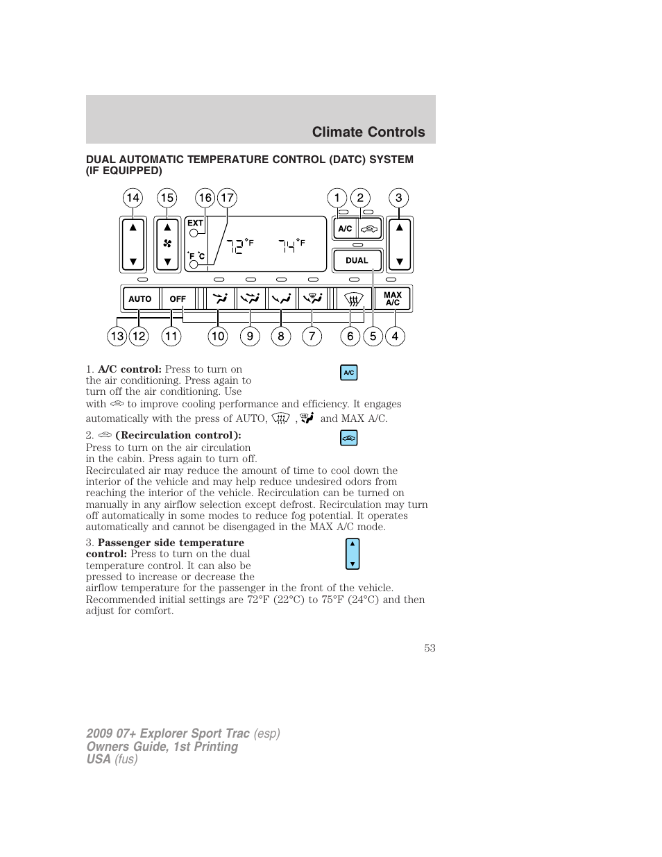 Automatic temperature control, Climate controls | FORD 2009 Explorer Sport Trac v.1 User Manual | Page 53 / 356