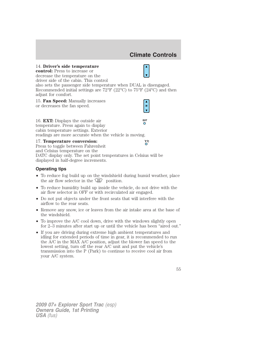 Operating tips, Climate controls | FORD 2009 Explorer Sport Trac v.1 User Manual | Page 55 / 356