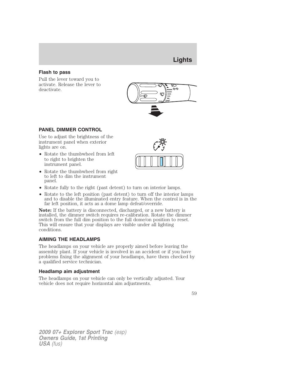 Flash to pass, Panel dimmer control, Aiming the headlamps | Headlamp aim adjustment, Lights | FORD 2009 Explorer Sport Trac v.1 User Manual | Page 59 / 356