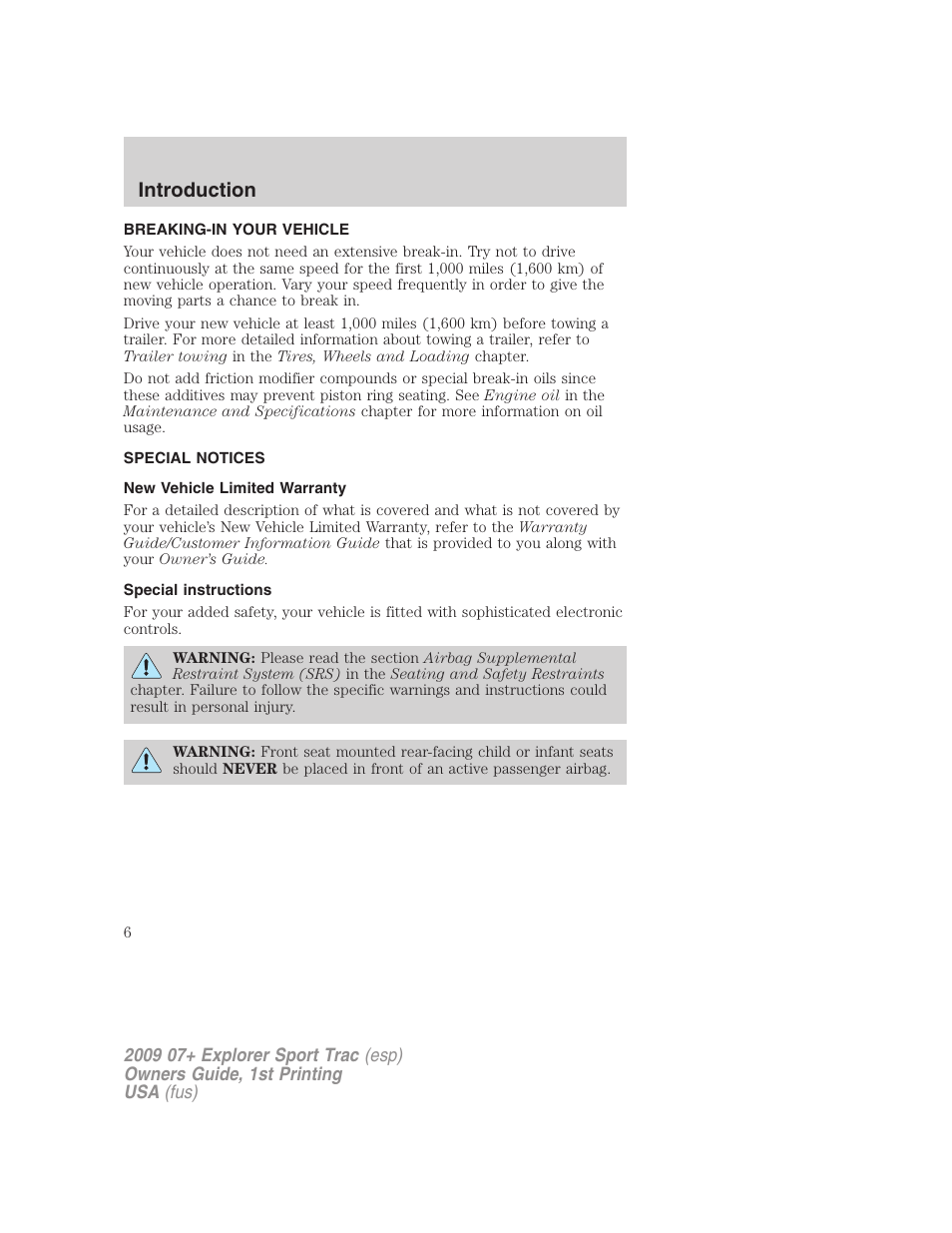 Breaking-in your vehicle, Special notices, New vehicle limited warranty | Special instructions, Introduction | FORD 2009 Explorer Sport Trac v.1 User Manual | Page 6 / 356