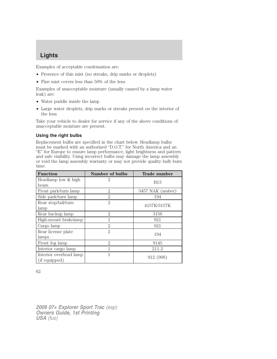 Using the right bulbs, Lights | FORD 2009 Explorer Sport Trac v.1 User Manual | Page 62 / 356
