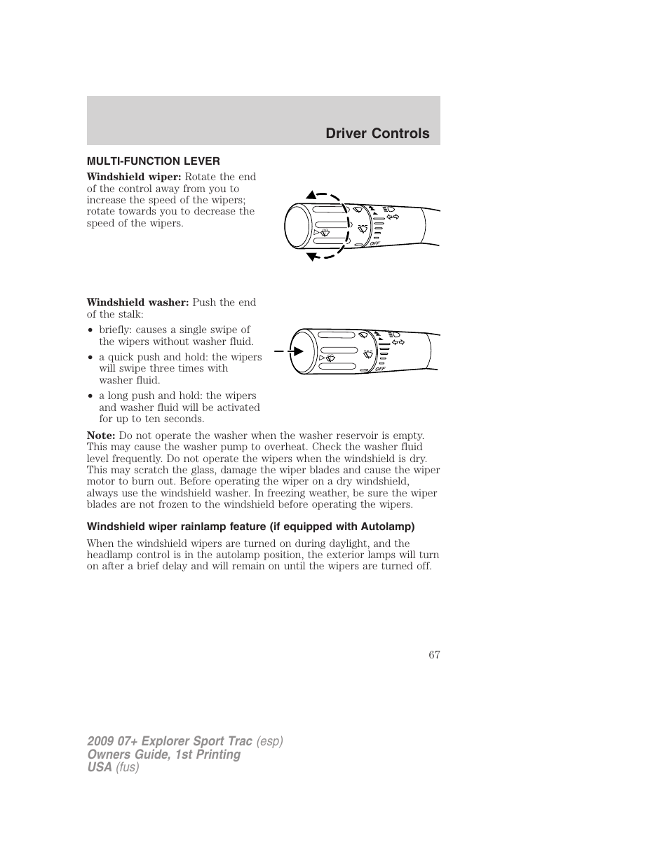 Driver controls, Multi-function lever, Windshield wiper/washer control | FORD 2009 Explorer Sport Trac v.1 User Manual | Page 67 / 356