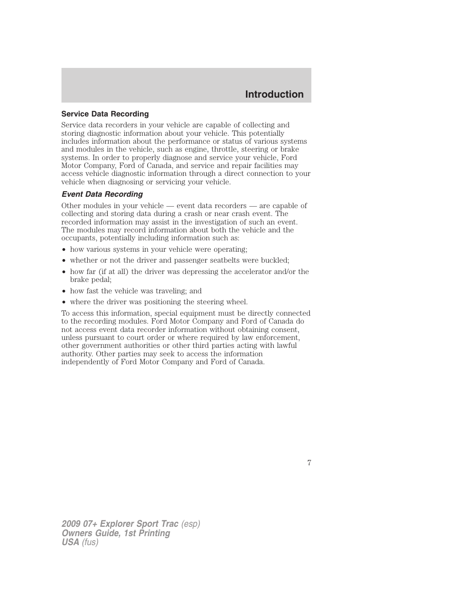 Service data recording, Event data recording, Introduction | FORD 2009 Explorer Sport Trac v.1 User Manual | Page 7 / 356