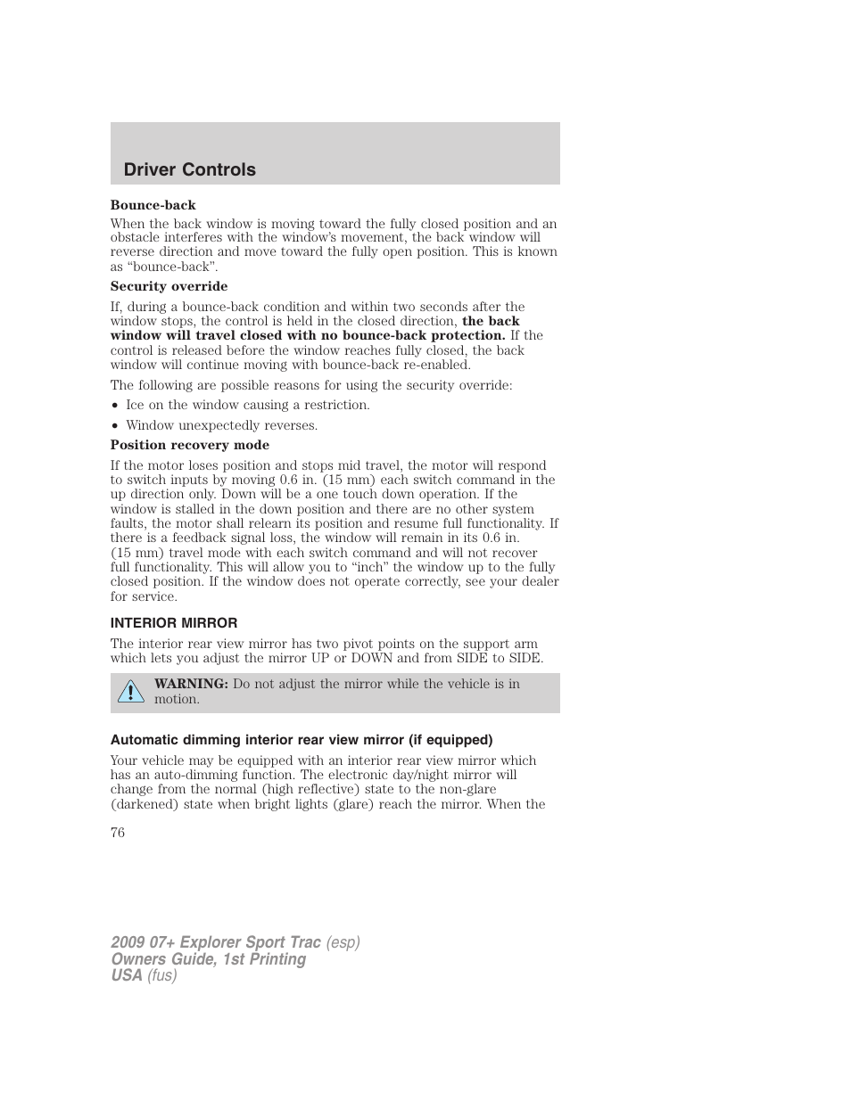 Interior mirror, Mirrors, Driver controls | FORD 2009 Explorer Sport Trac v.1 User Manual | Page 76 / 356