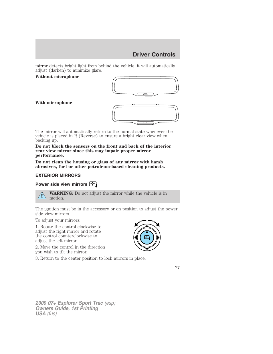 Exterior mirrors, Power side view mirrors, Driver controls | FORD 2009 Explorer Sport Trac v.1 User Manual | Page 77 / 356