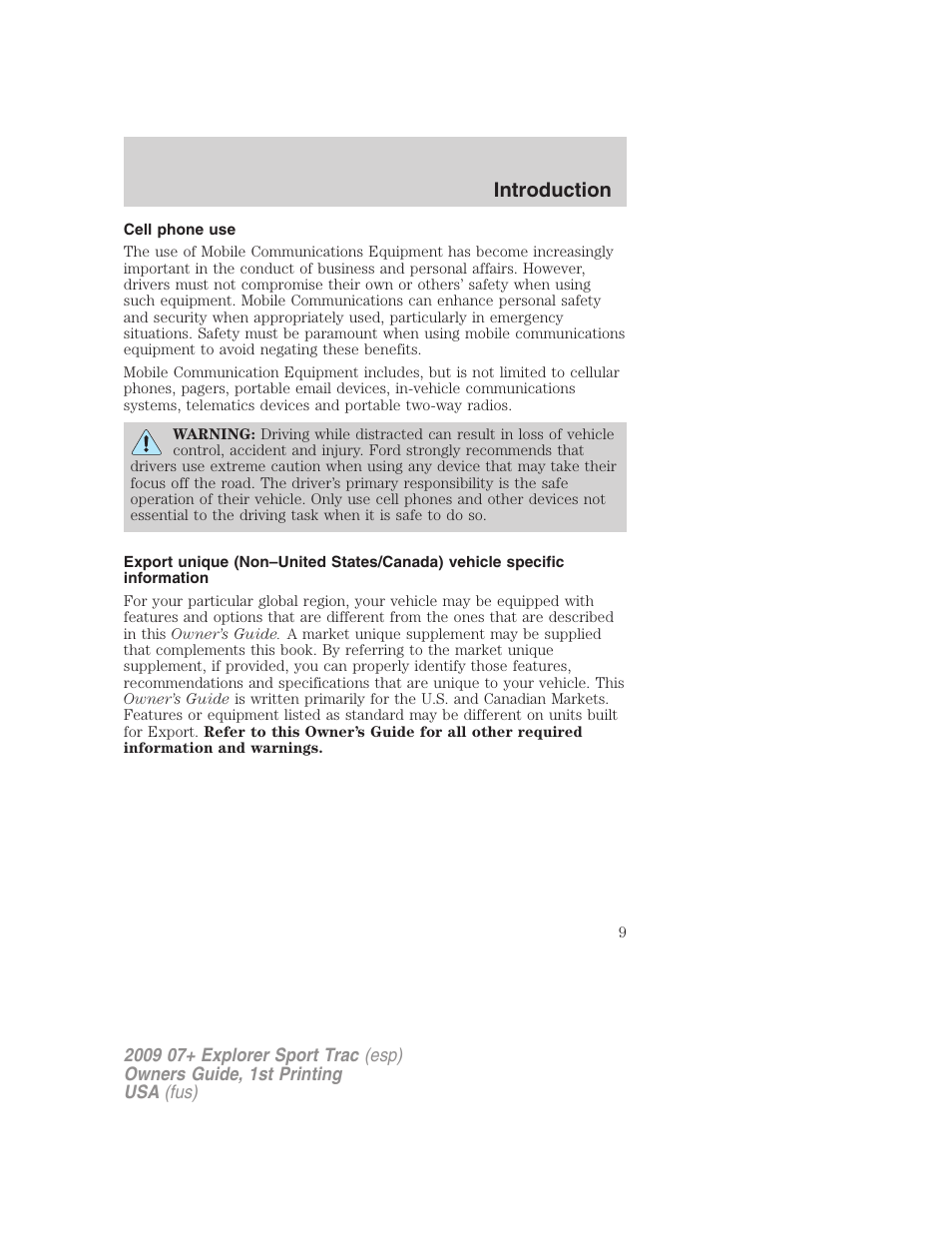 Cell phone use, Introduction | FORD 2009 Explorer Sport Trac v.1 User Manual | Page 9 / 356