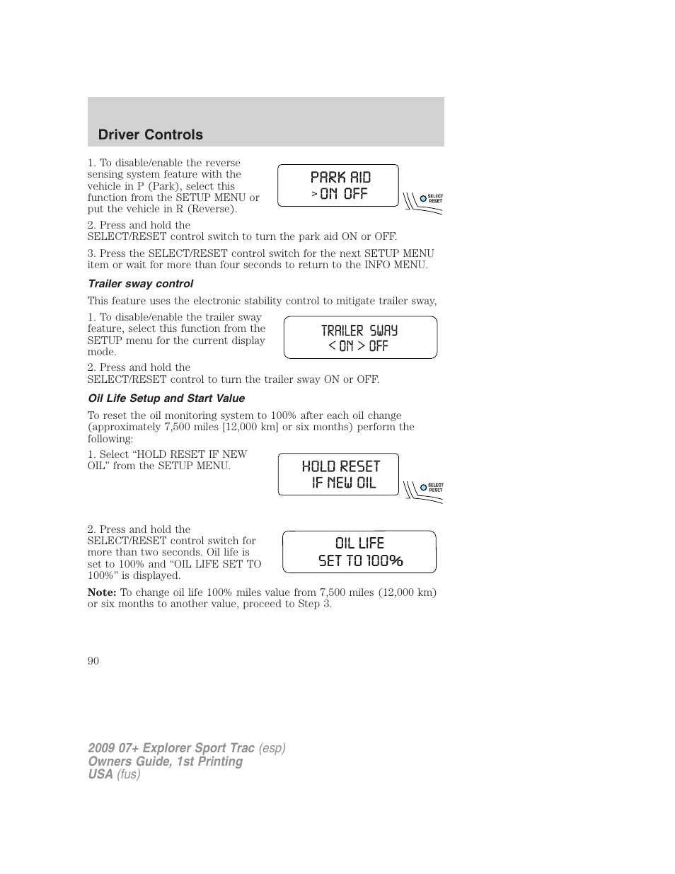 Trailer sway control, Oil life setup and start value, Driver controls | FORD 2009 Explorer Sport Trac v.1 User Manual | Page 90 / 356