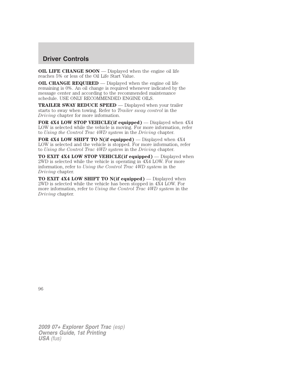 Driver controls | FORD 2009 Explorer Sport Trac v.1 User Manual | Page 96 / 356