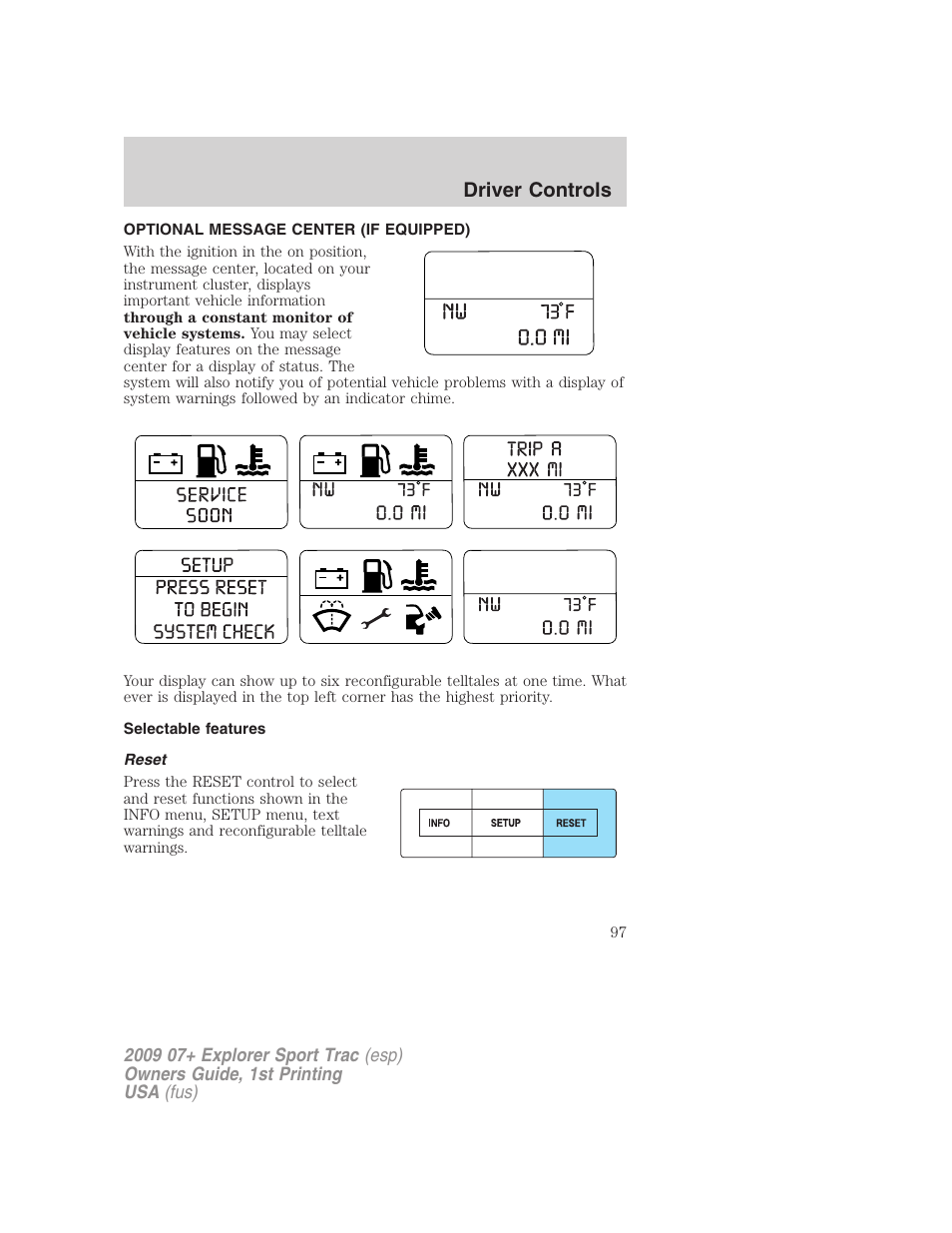 Optional message center (if equipped), Selectable features, Reset | Driver controls | FORD 2009 Explorer Sport Trac v.1 User Manual | Page 97 / 356