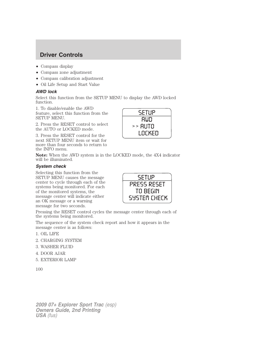 Awd lock, System check, Driver controls | FORD 2009 Explorer Sport Trac v.2 User Manual | Page 100 / 351