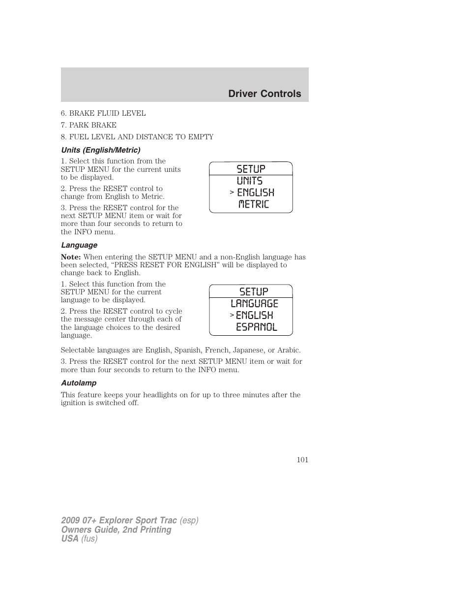 Units (english/metric), Language, Autolamp | Driver controls | FORD 2009 Explorer Sport Trac v.2 User Manual | Page 101 / 351