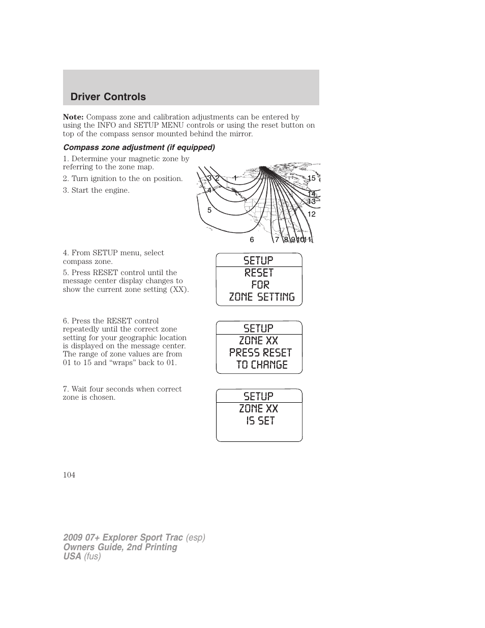 Compass zone adjustment (if equipped), Driver controls | FORD 2009 Explorer Sport Trac v.2 User Manual | Page 104 / 351