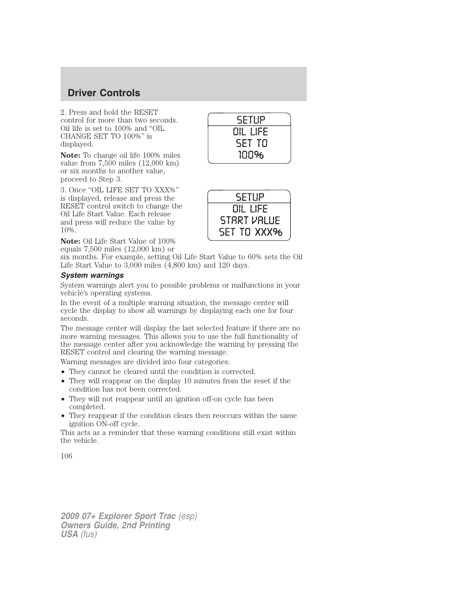 System warnings, Driver controls | FORD 2009 Explorer Sport Trac v.2 User Manual | Page 106 / 351