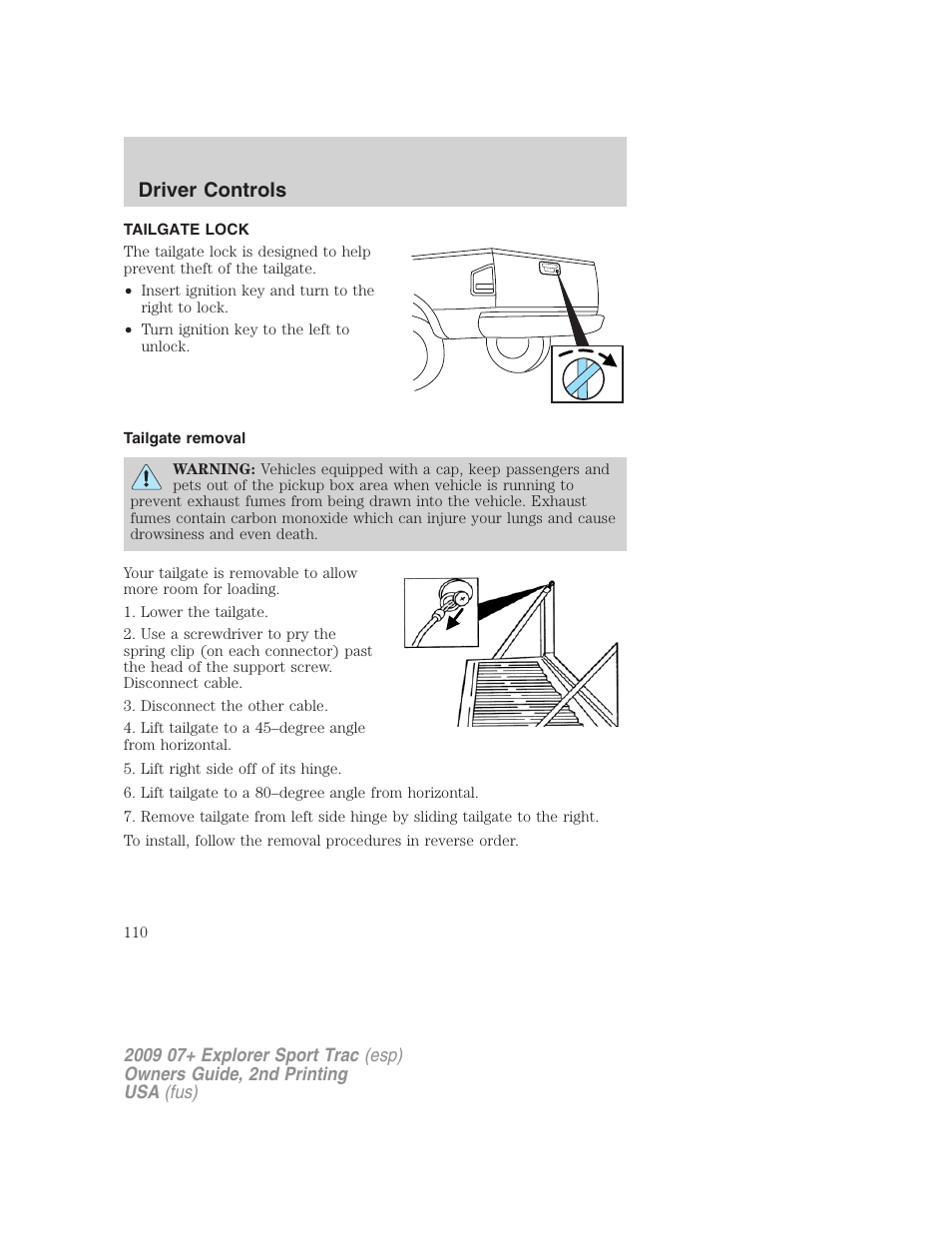 Tailgate lock, Tailgate removal, Driver controls | FORD 2009 Explorer Sport Trac v.2 User Manual | Page 110 / 351