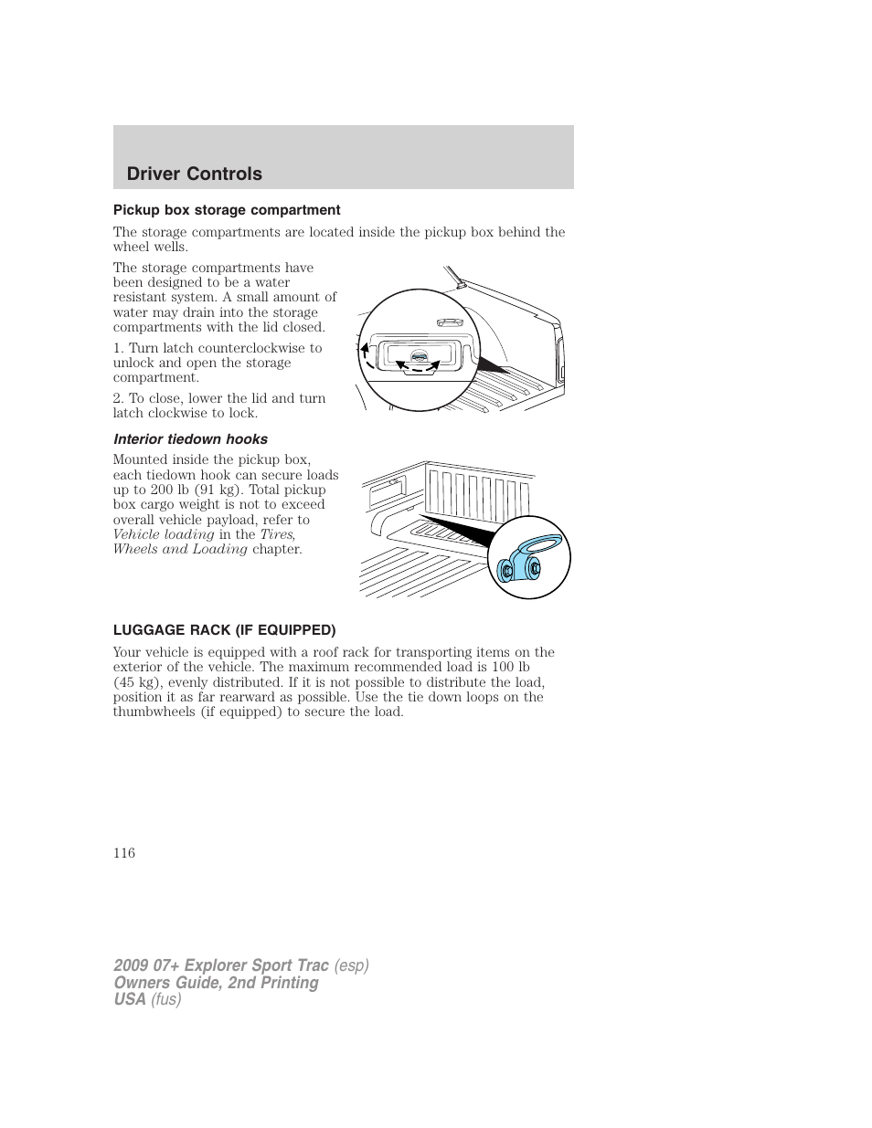 Pickup box storage compartment, Interior tiedown hooks, Luggage rack (if equipped) | Driver controls | FORD 2009 Explorer Sport Trac v.2 User Manual | Page 116 / 351