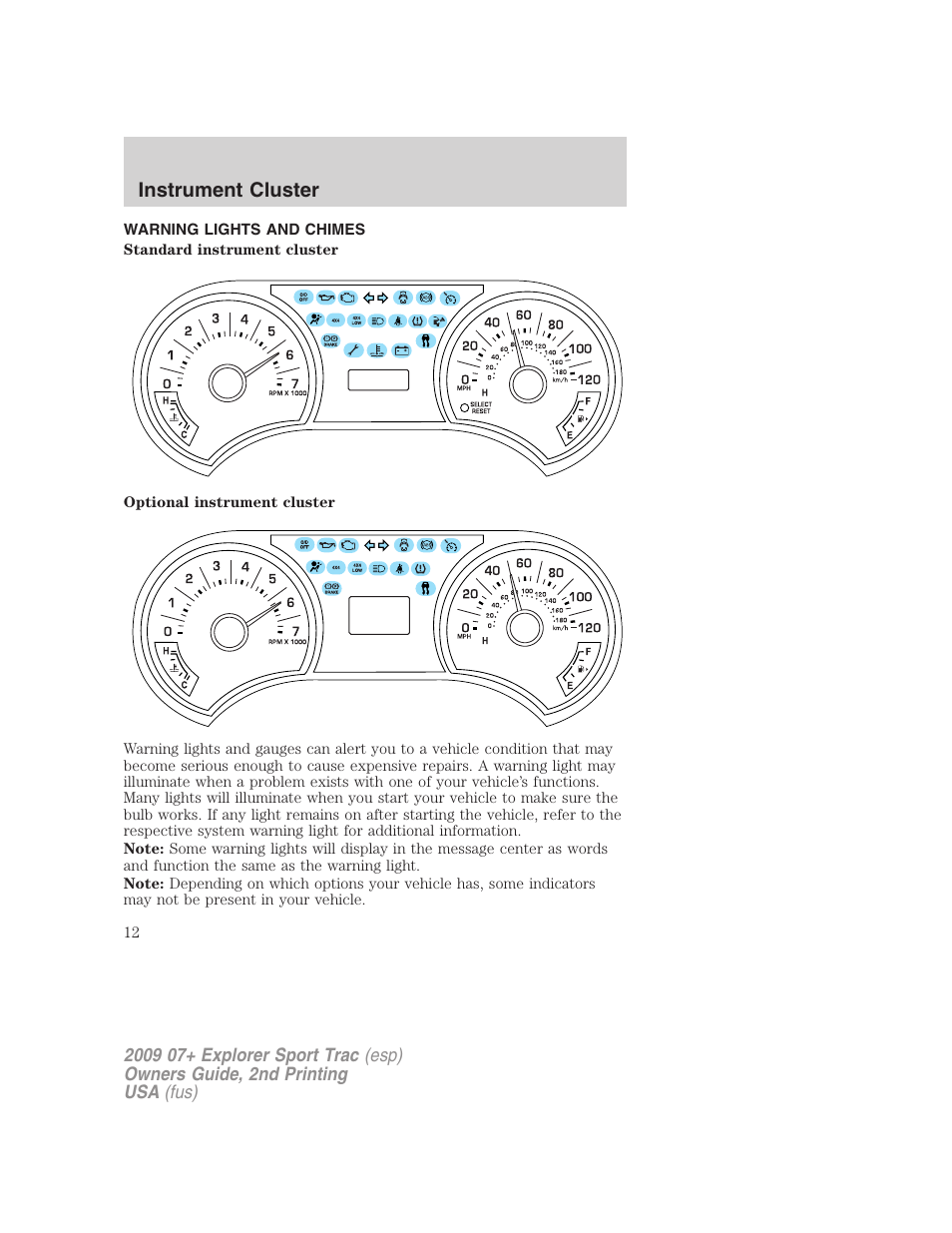 Instrument cluster, Warning lights and chimes | FORD 2009 Explorer Sport Trac v.2 User Manual | Page 12 / 351