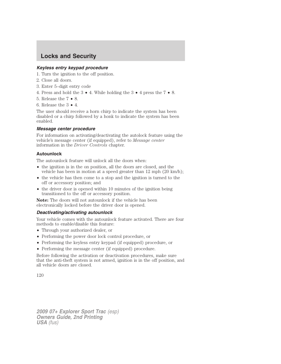 Keyless entry keypad procedure, Message center procedure, Autounlock | Deactivating/activating autounlock, Locks and security | FORD 2009 Explorer Sport Trac v.2 User Manual | Page 120 / 351
