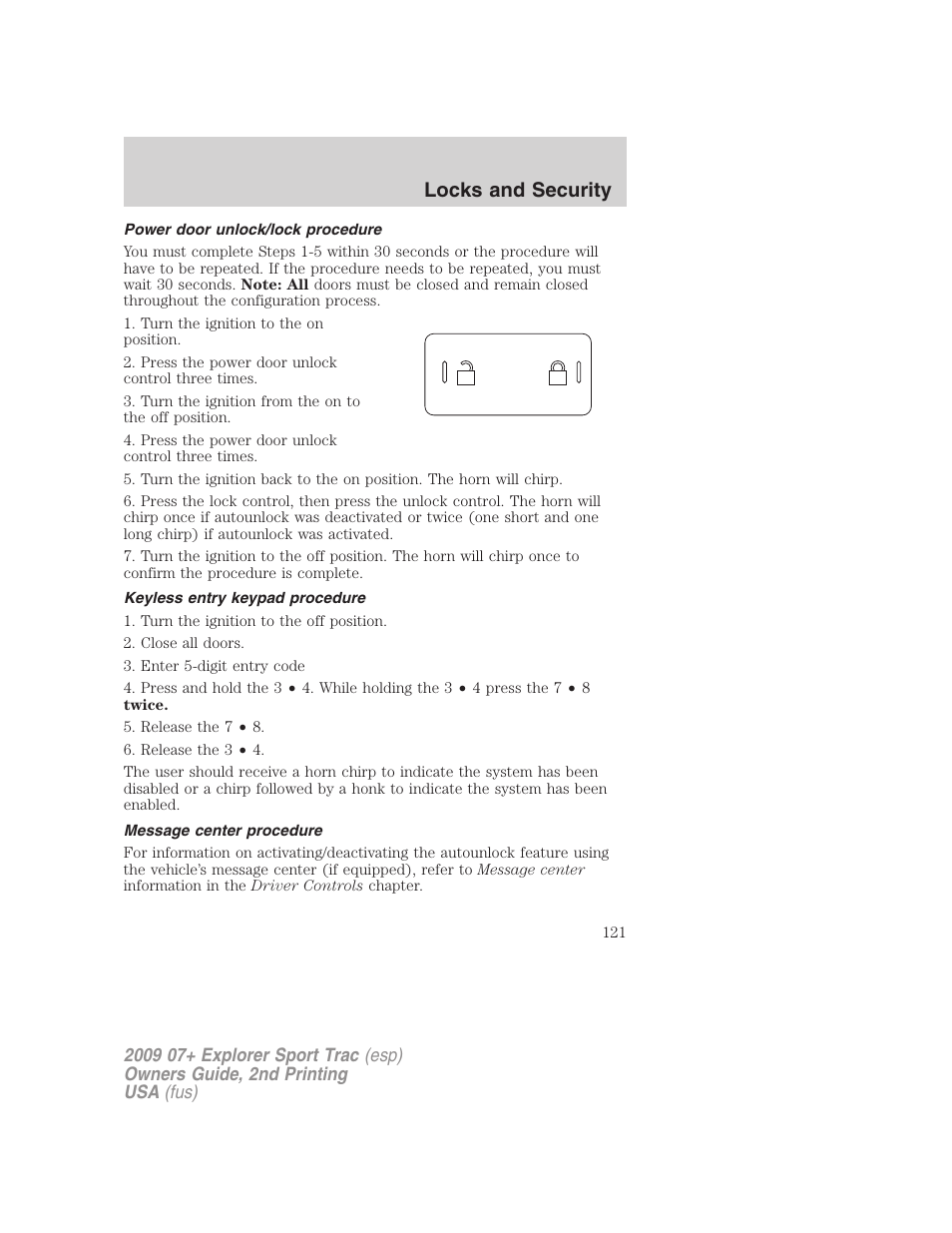 Power door unlock/lock procedure, Keyless entry keypad procedure, Message center procedure | Locks and security | FORD 2009 Explorer Sport Trac v.2 User Manual | Page 121 / 351