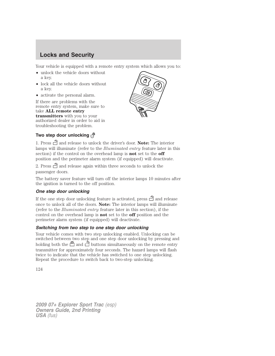 Two step door unlocking, One step door unlocking, Switching from two step to one step door unlocking | Locks and security | FORD 2009 Explorer Sport Trac v.2 User Manual | Page 124 / 351