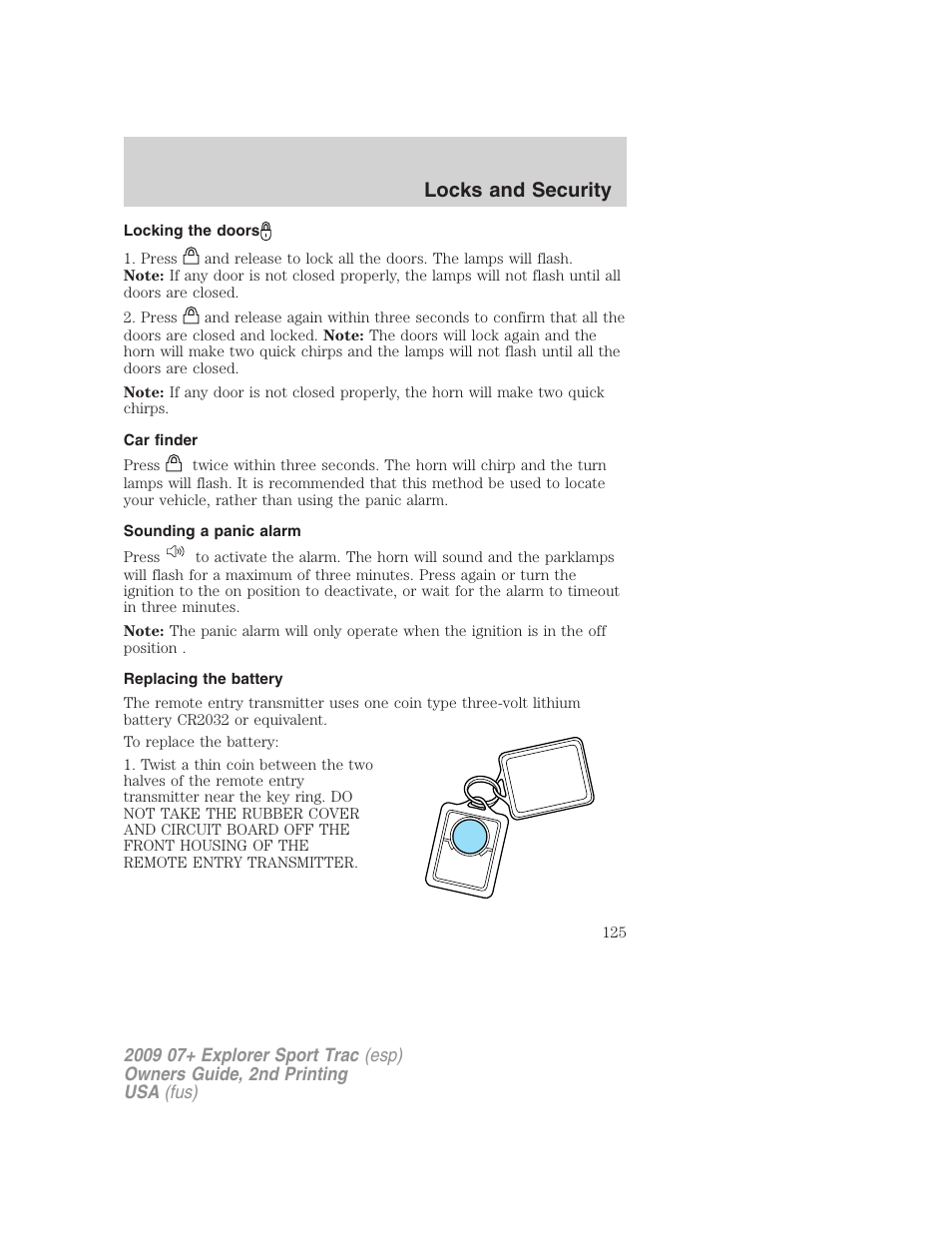 Locking the doors, Car finder, Sounding a panic alarm | Replacing the battery, Locks and security | FORD 2009 Explorer Sport Trac v.2 User Manual | Page 125 / 351