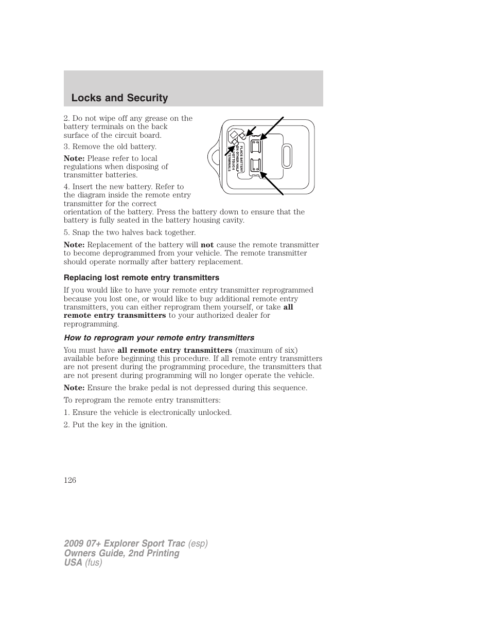 Replacing lost remote entry transmitters, How to reprogram your remote entry transmitters, Locks and security | FORD 2009 Explorer Sport Trac v.2 User Manual | Page 126 / 351