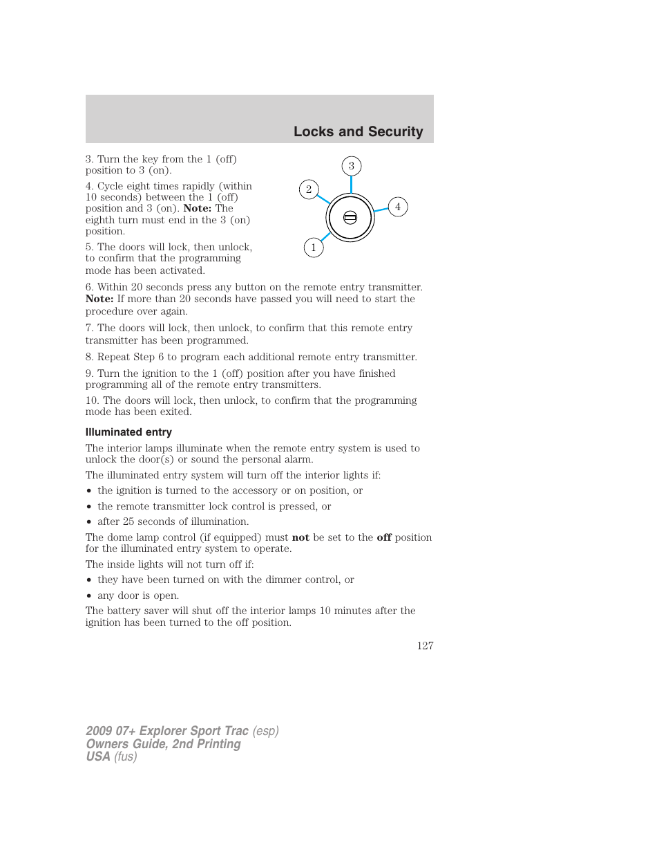 Illuminated entry, Locks and security | FORD 2009 Explorer Sport Trac v.2 User Manual | Page 127 / 351