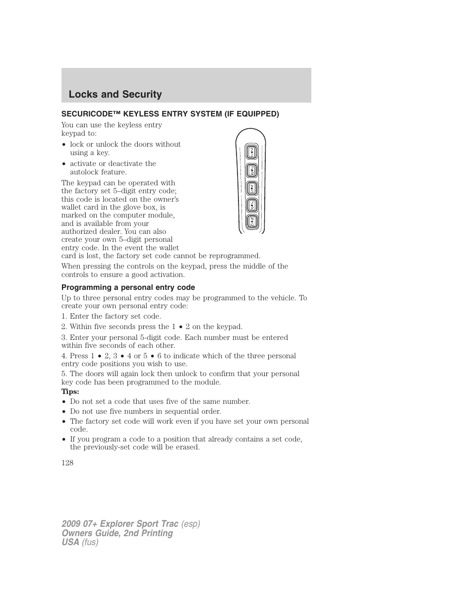 Securicode™ keyless entry system (if equipped), Programming a personal entry code, Locks and security | FORD 2009 Explorer Sport Trac v.2 User Manual | Page 128 / 351