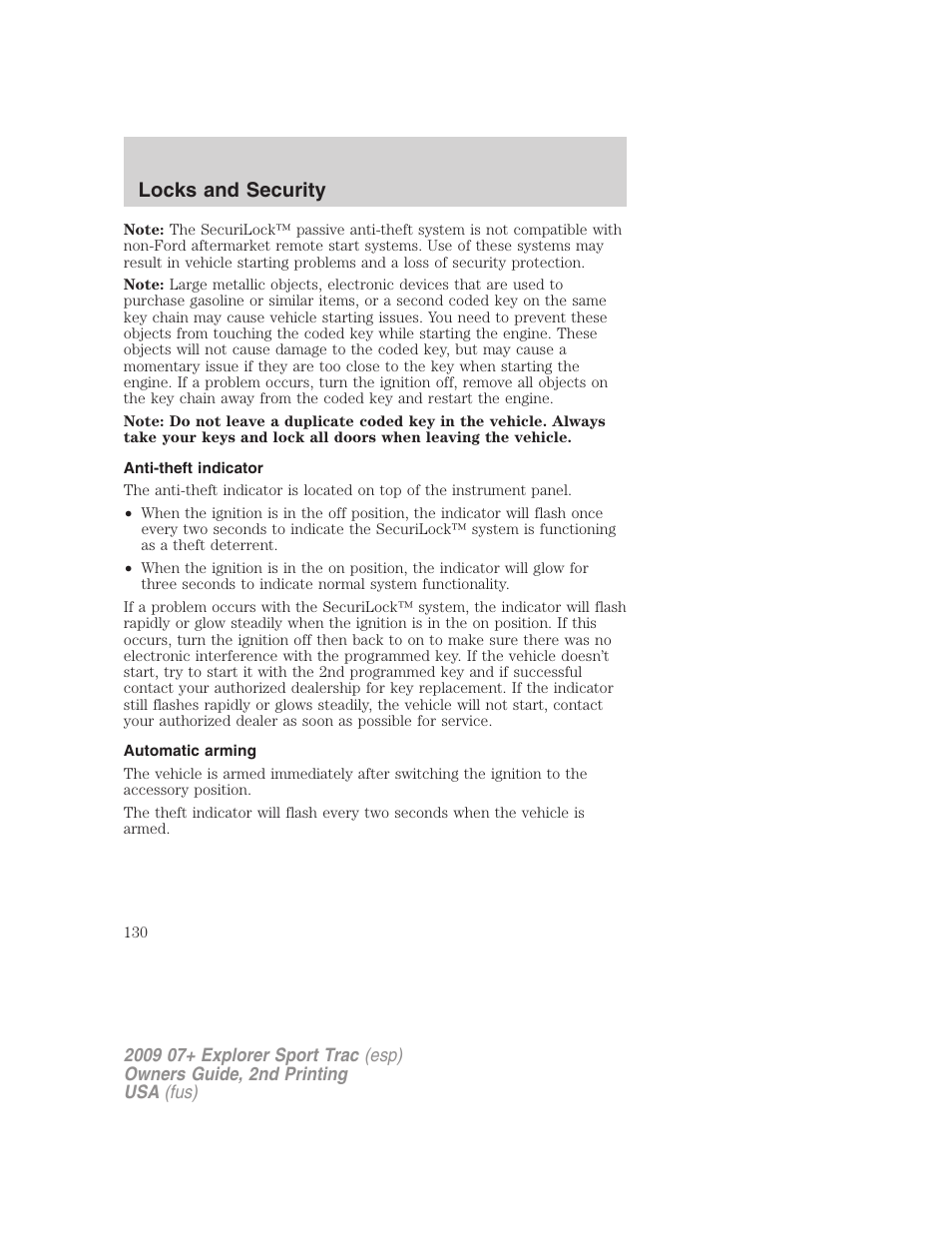 Anti-theft indicator, Automatic arming, Locks and security | FORD 2009 Explorer Sport Trac v.2 User Manual | Page 130 / 351