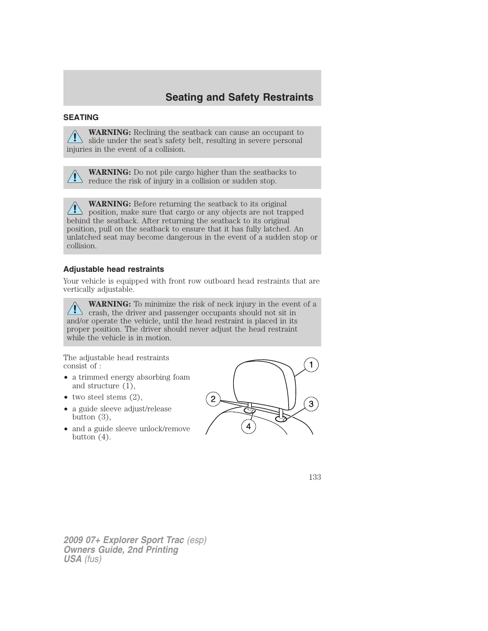 Seating and safety restraints, Seating, Adjustable head restraints | FORD 2009 Explorer Sport Trac v.2 User Manual | Page 133 / 351