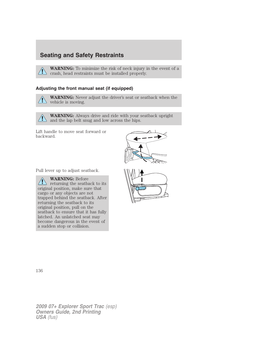 Adjusting the front manual seat (if equipped), Seating and safety restraints | FORD 2009 Explorer Sport Trac v.2 User Manual | Page 136 / 351