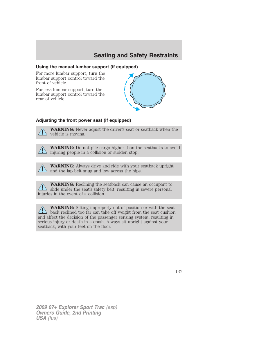 Using the manual lumbar support (if equipped), Adjusting the front power seat (if equipped), Seating and safety restraints | FORD 2009 Explorer Sport Trac v.2 User Manual | Page 137 / 351