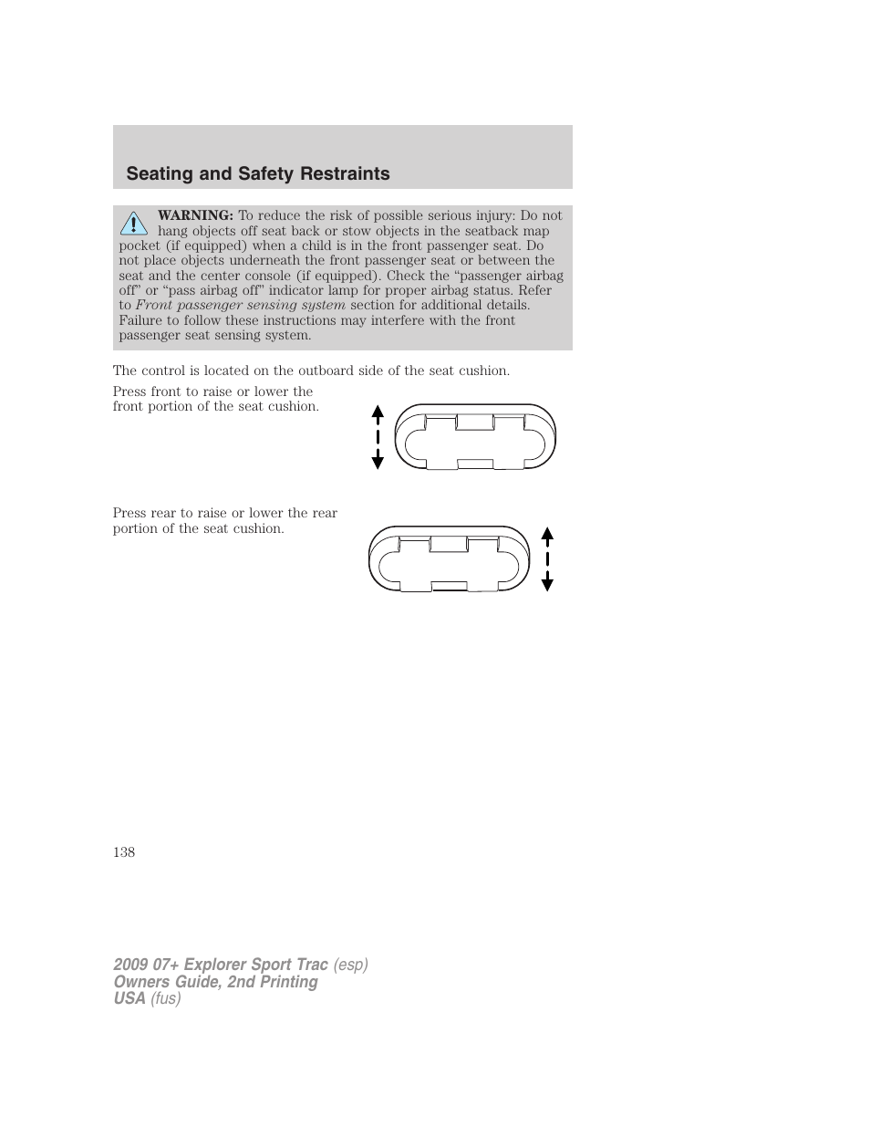 Seating and safety restraints | FORD 2009 Explorer Sport Trac v.2 User Manual | Page 138 / 351