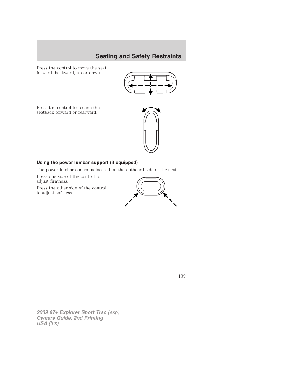 Using the power lumbar support (if equipped), Seating and safety restraints | FORD 2009 Explorer Sport Trac v.2 User Manual | Page 139 / 351