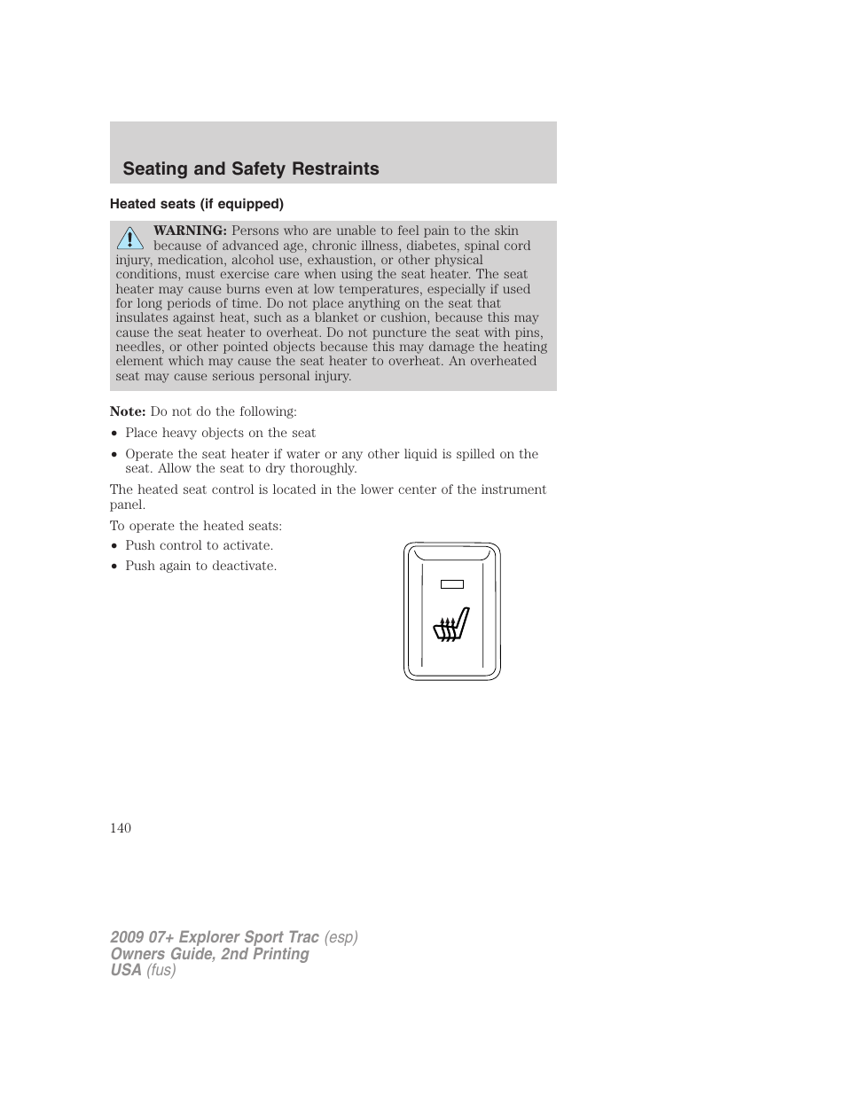 Heated seats (if equipped), Seating and safety restraints | FORD 2009 Explorer Sport Trac v.2 User Manual | Page 140 / 351