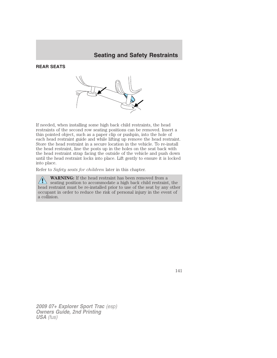 Rear seats, Seating and safety restraints | FORD 2009 Explorer Sport Trac v.2 User Manual | Page 141 / 351