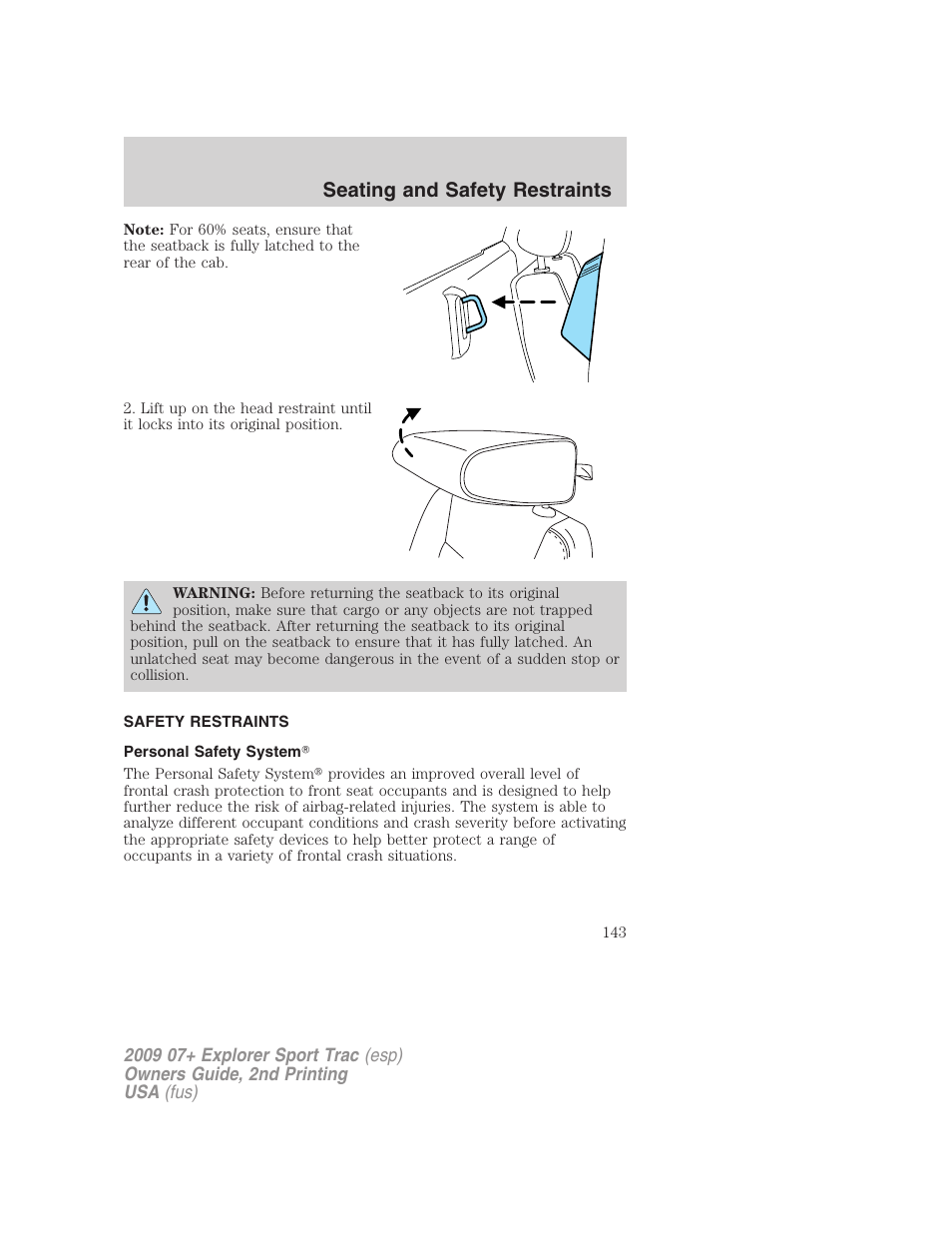 Safety restraints, Personal safety system, Seating and safety restraints | FORD 2009 Explorer Sport Trac v.2 User Manual | Page 143 / 351