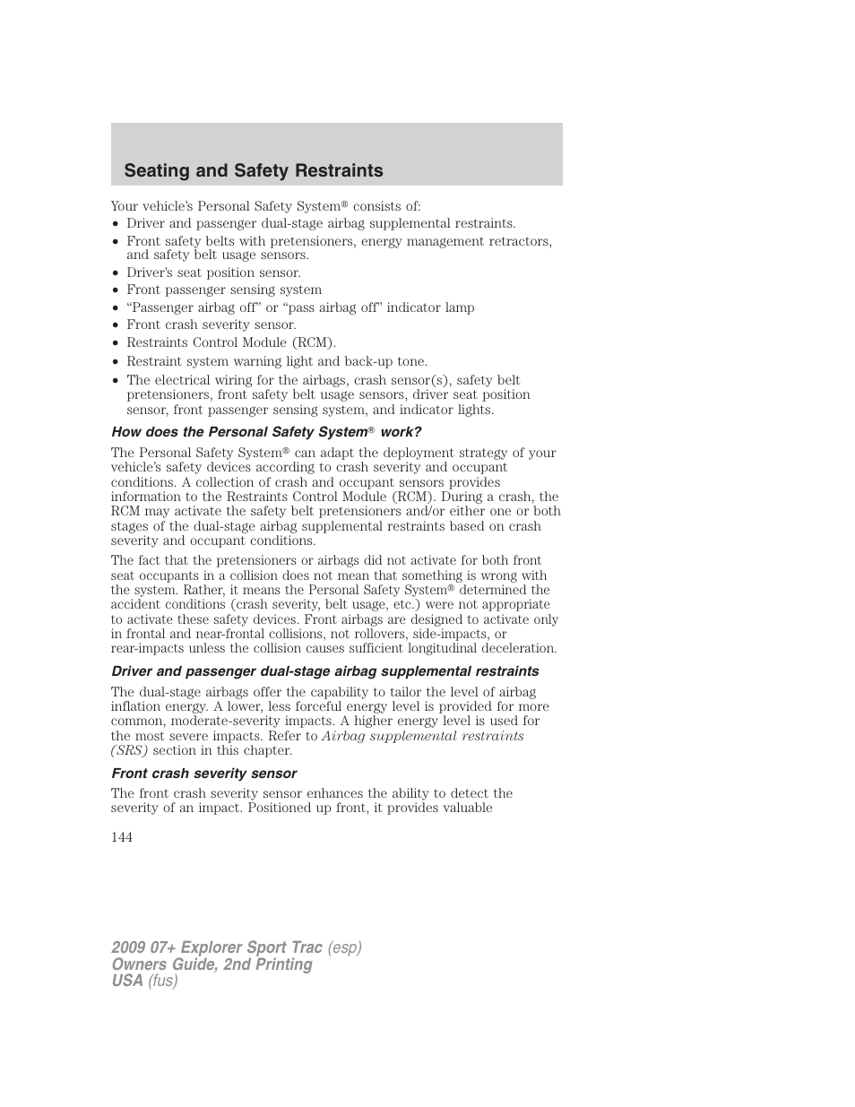 How does the personal safety system work, Front crash severity sensor, Seating and safety restraints | FORD 2009 Explorer Sport Trac v.2 User Manual | Page 144 / 351