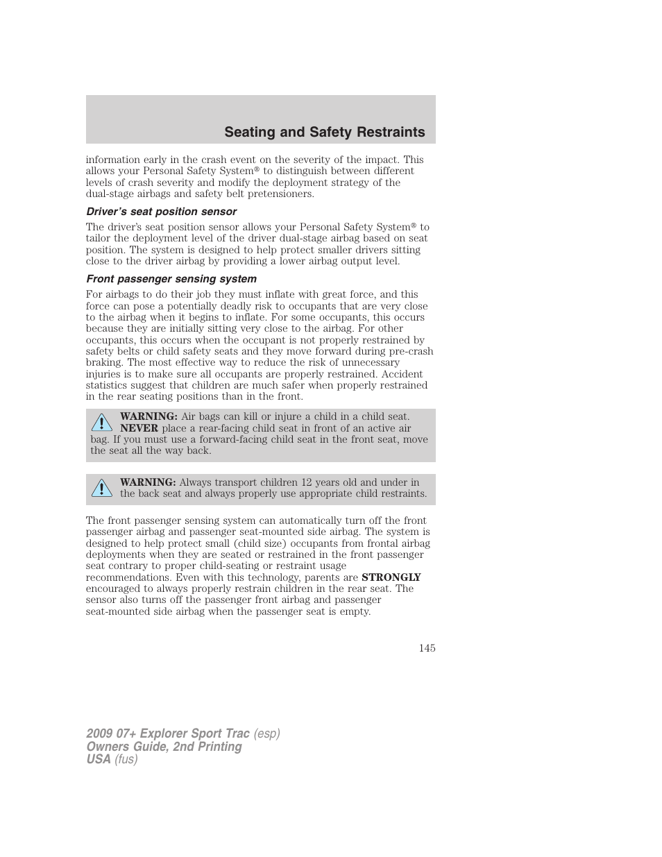 Driver’s seat position sensor, Front passenger sensing system, Seating and safety restraints | FORD 2009 Explorer Sport Trac v.2 User Manual | Page 145 / 351