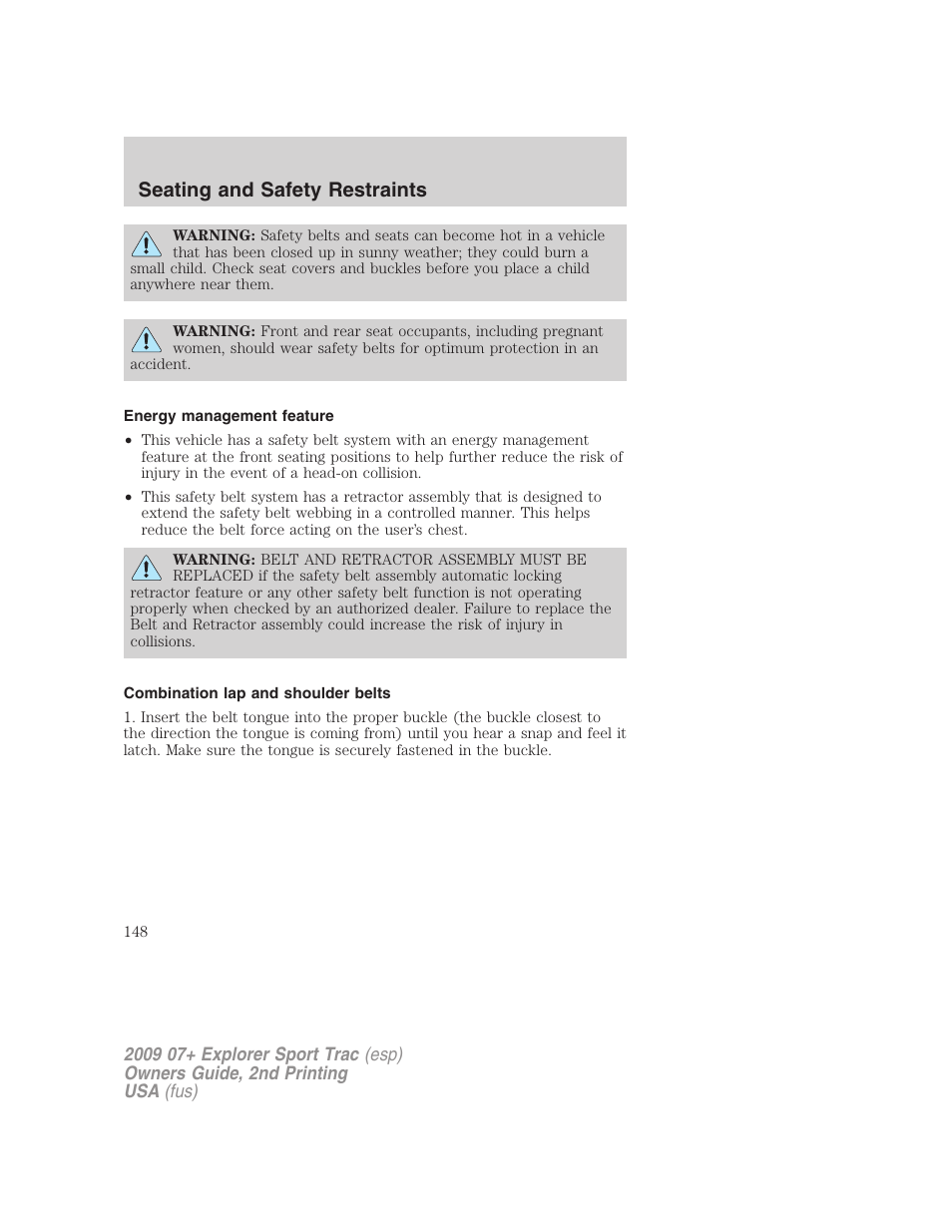 Energy management feature, Combination lap and shoulder belts, Seating and safety restraints | FORD 2009 Explorer Sport Trac v.2 User Manual | Page 148 / 351