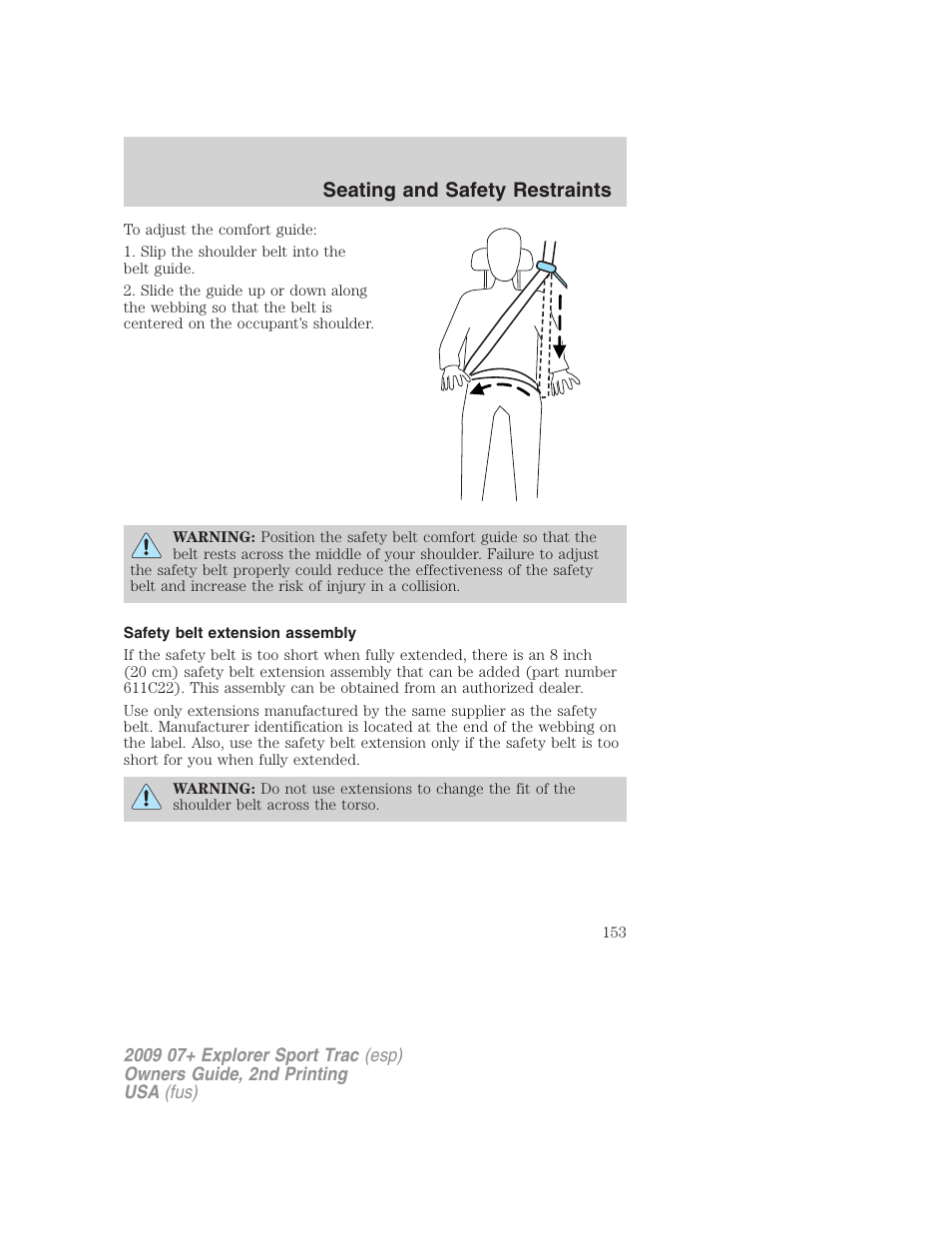 Safety belt extension assembly, Seating and safety restraints | FORD 2009 Explorer Sport Trac v.2 User Manual | Page 153 / 351