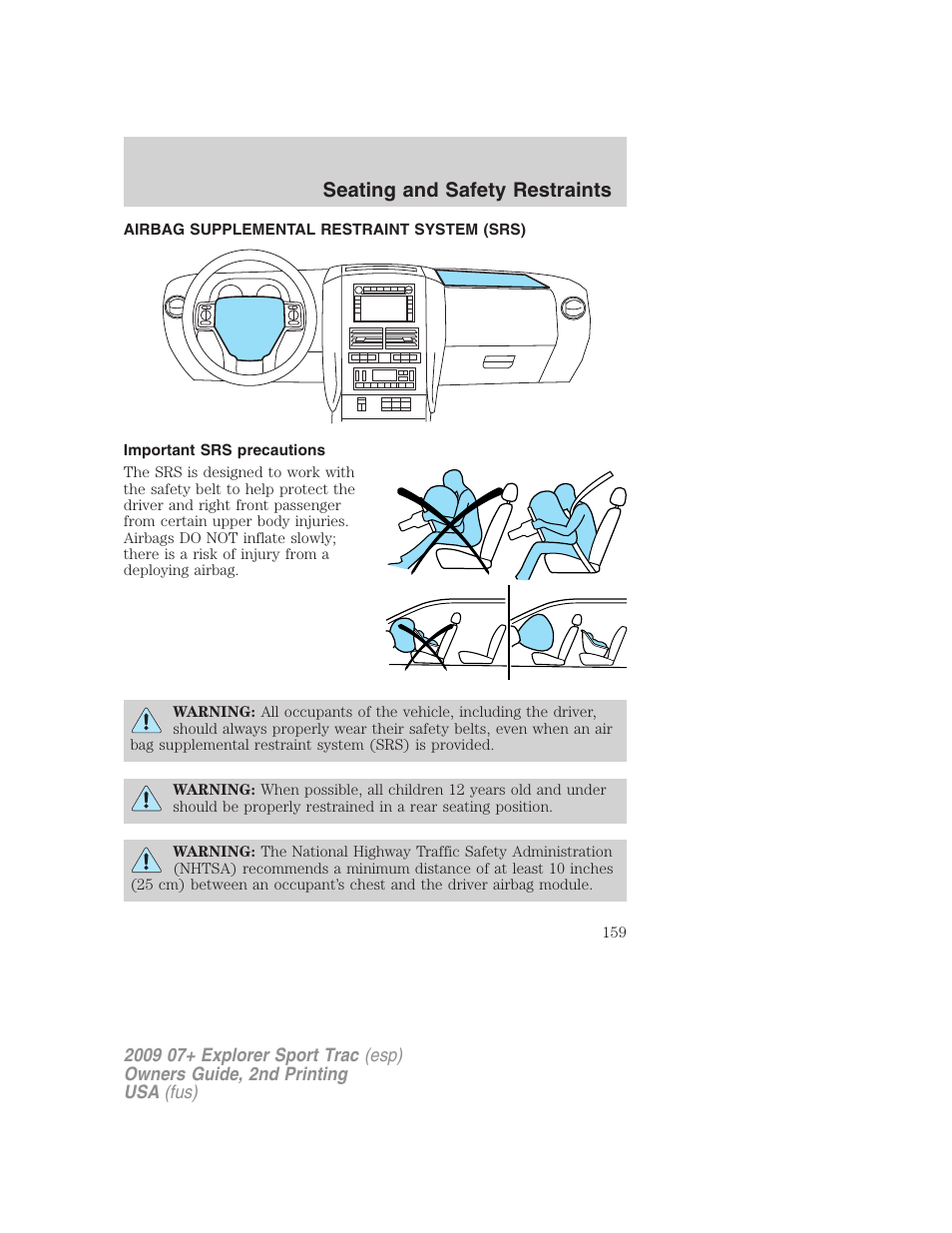 Airbag supplemental restraint system (srs), Important srs precautions, Airbags | Seating and safety restraints | FORD 2009 Explorer Sport Trac v.2 User Manual | Page 159 / 351