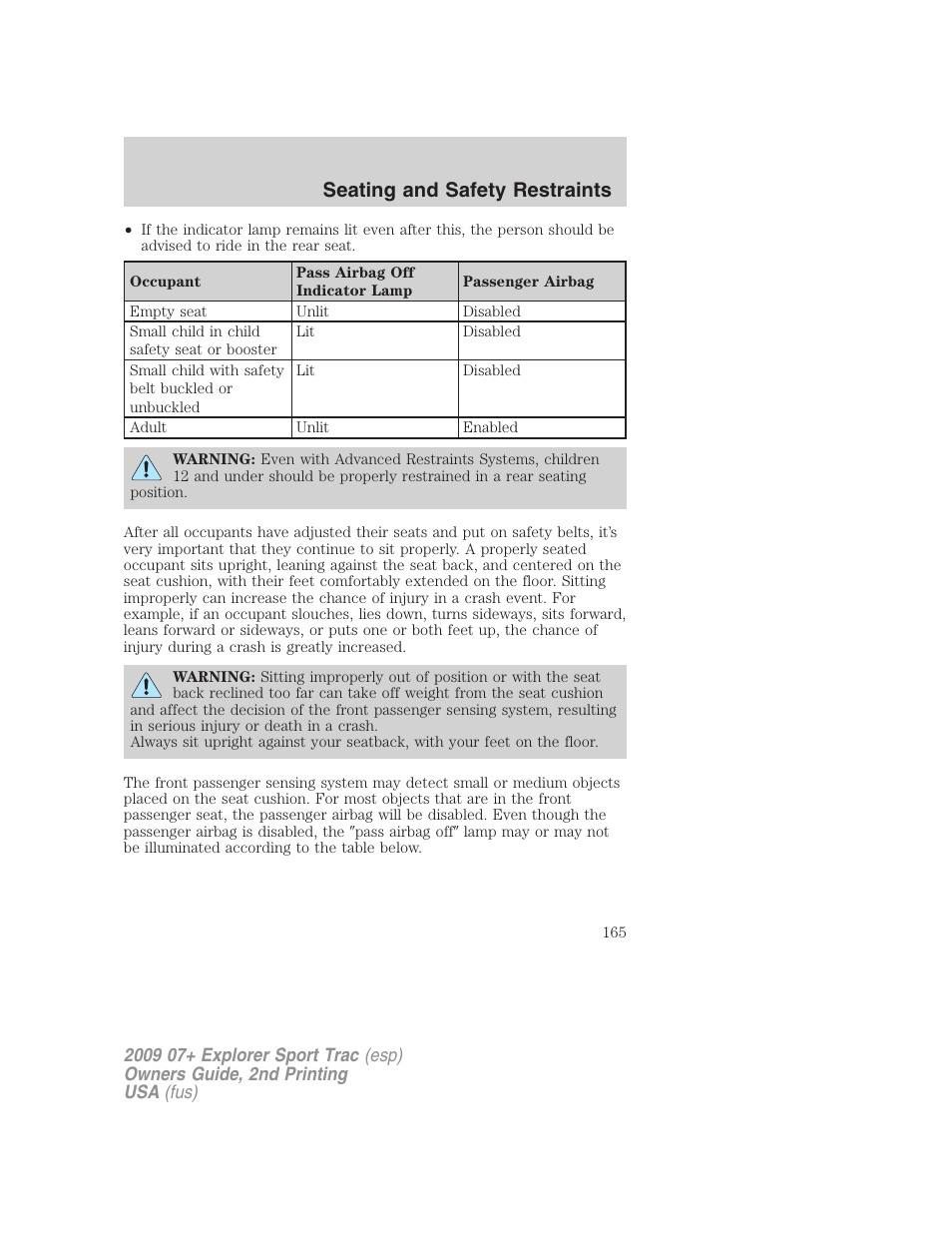 Seating and safety restraints | FORD 2009 Explorer Sport Trac v.2 User Manual | Page 165 / 351