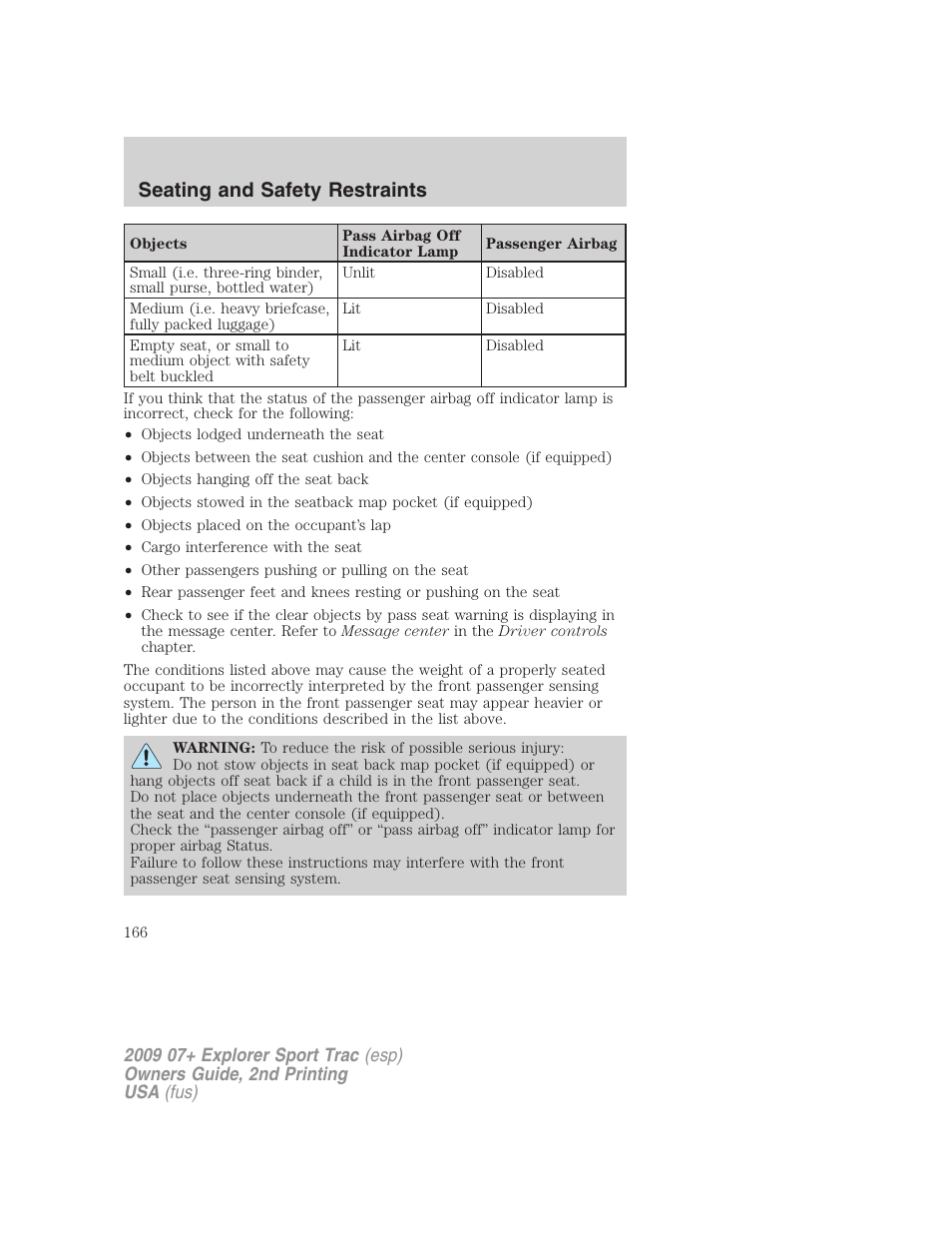 Seating and safety restraints | FORD 2009 Explorer Sport Trac v.2 User Manual | Page 166 / 351