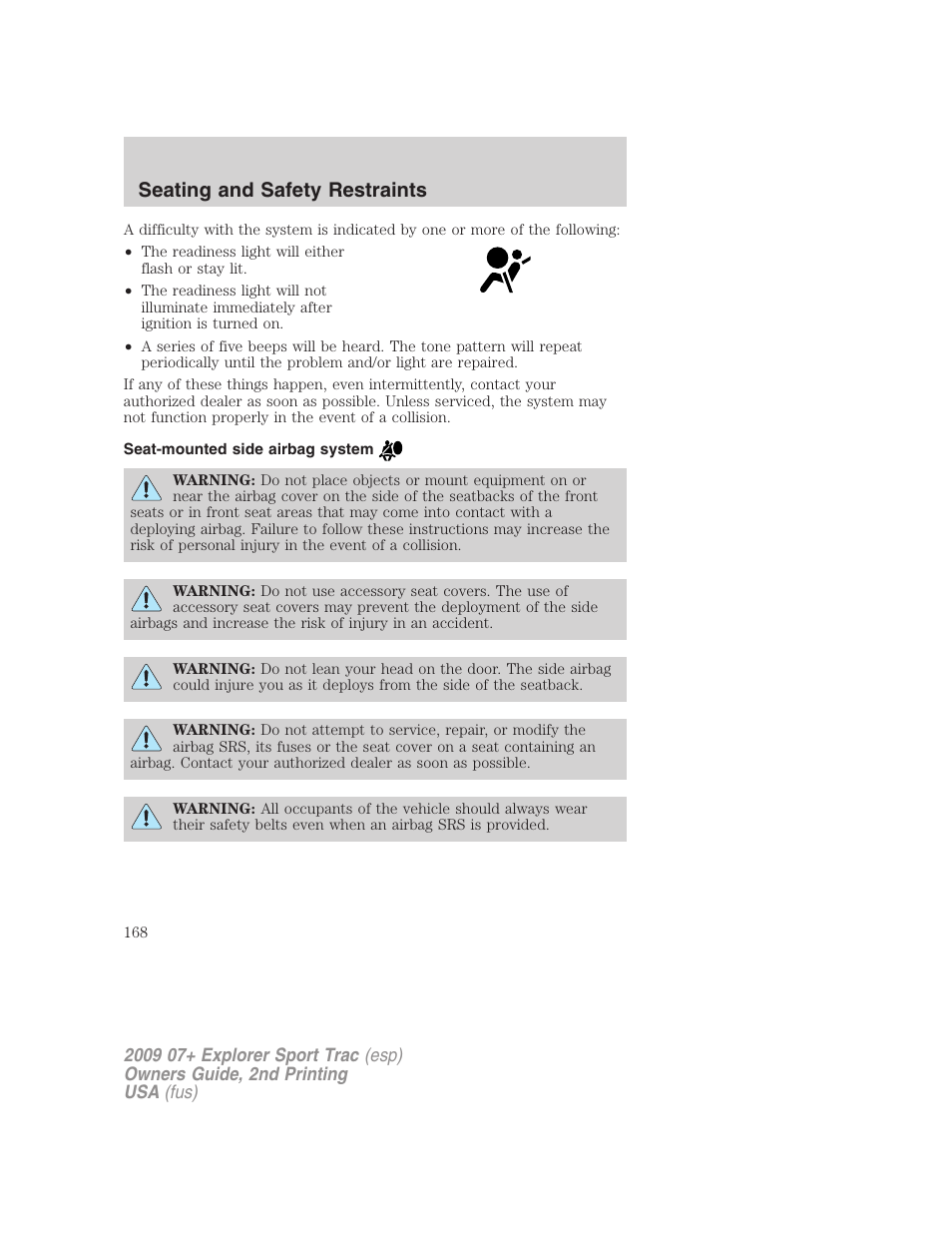 Seat-mounted side airbag system, Seating and safety restraints | FORD 2009 Explorer Sport Trac v.2 User Manual | Page 168 / 351