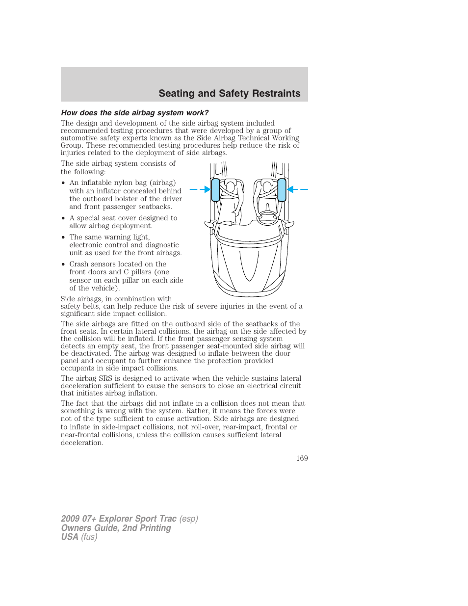 How does the side airbag system work, Seating and safety restraints | FORD 2009 Explorer Sport Trac v.2 User Manual | Page 169 / 351