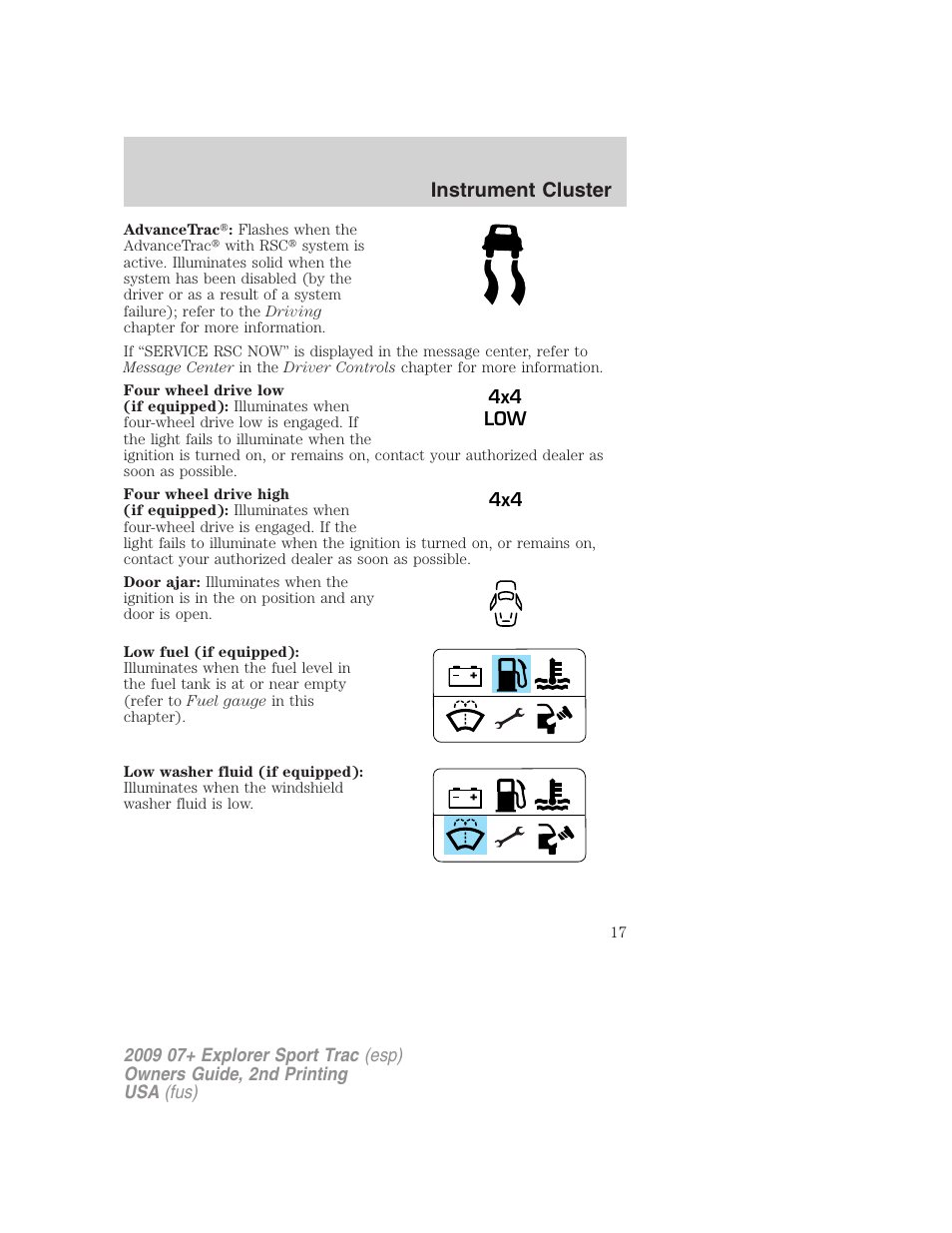 Instrument cluster | FORD 2009 Explorer Sport Trac v.2 User Manual | Page 17 / 351